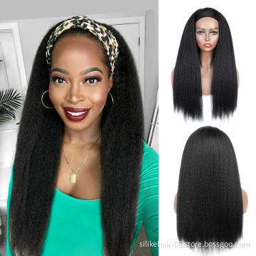 kinky curly Headband Wigs 24 " Long Silky Straight wigs with Black yaki Headband wigs High Temperature Synthetic Hair extension